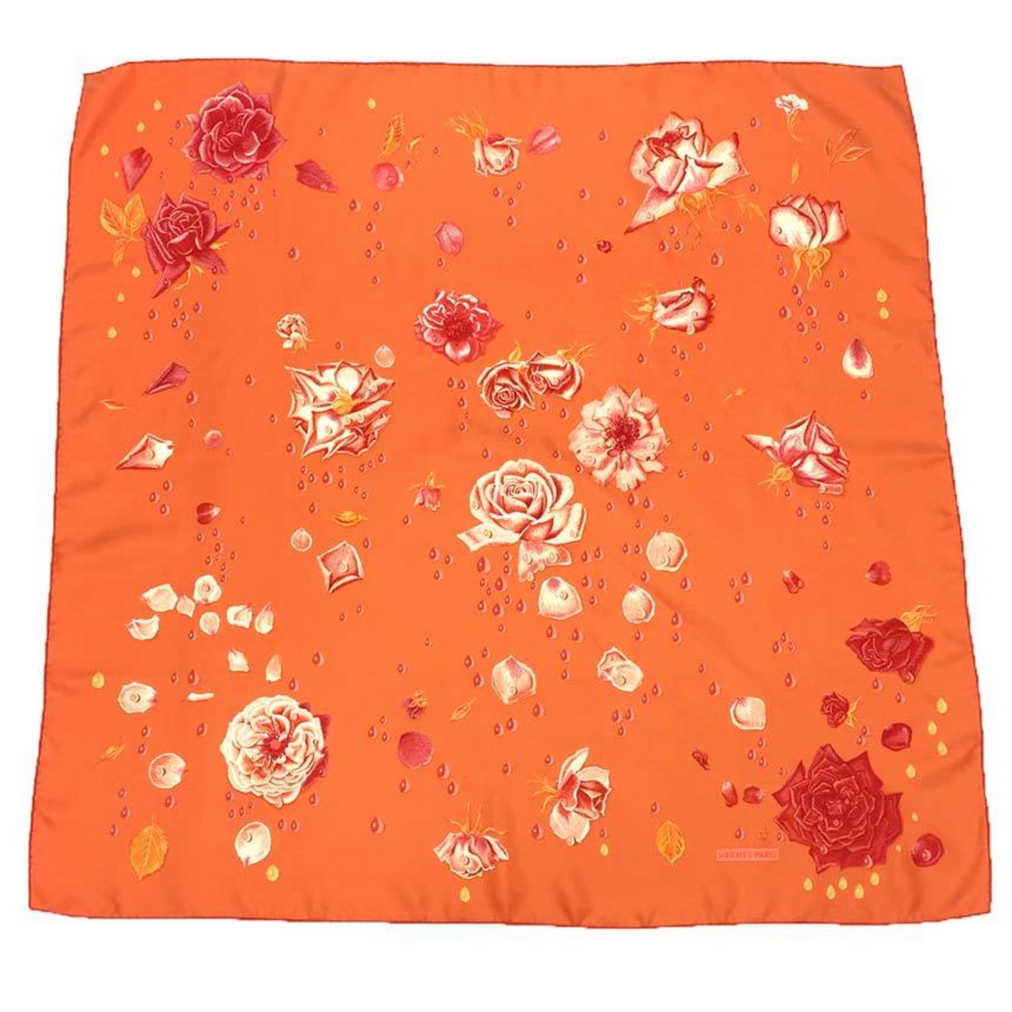 Hermes Hermes Scarf Muffler Carre 90 La Rosse Dew Rose Flower Silk Orange